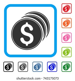 Dollar Coins icon. Flat gray pictogram symbol inside a light blue rounded squared frame. Black, gray, green, blue, red, orange color variants of Dollar Coins vector.