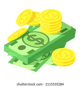 Dollar and coins icon. Isometric of dollar and coins vector icon for web design isolated on white background