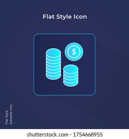 Dollar coins icon, payment system icon vector illustration in flat style for using in mobile, website, ui design.