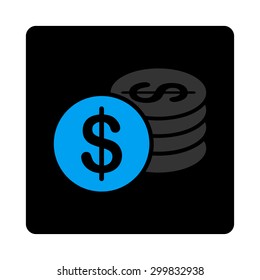 Dollar Coins icon. This flat rounded square black button uses gray and blue colors and isolated on a white background.