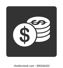 Dollar Coins icon. This flat rounded square button uses white and gray colors and isolated on a white background.