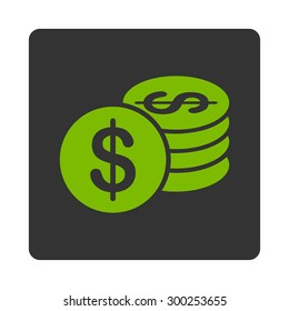 Dollar Coins icon. This flat rounded square button uses eco green and gray colors and isolated on a white background.