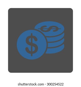 Dollar Coins icon. This flat rounded square button uses cobalt and gray colors and isolated on a white background.