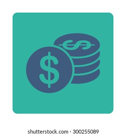 Dollar Coins icon. This flat rounded square button uses cobalt and cyan colors and isolated on a white background.