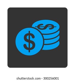 Dollar Coins icon. This flat rounded square button uses blue and gray colors and isolated on a white background.