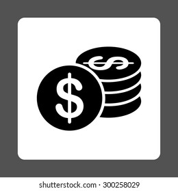 Dollar Coins icon. This flat rounded square button uses black and white colors and isolated on a gray background.