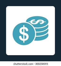 Dollar Coins icon. This flat rounded square button uses blue and white colors and isolated on a dark blue background.