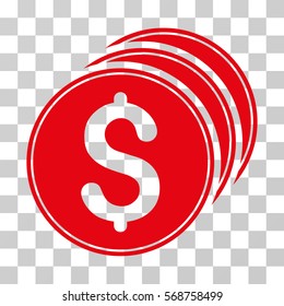 Dollar Coins icon. Vector illustration style is flat iconic symbol, red color, transparent background. Designed for web and software interfaces.