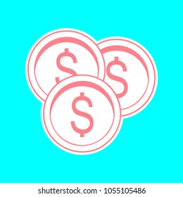 Dollar Coins icon. Vector. Magenta icon with white sticker contour at sky blue background. Isolated.