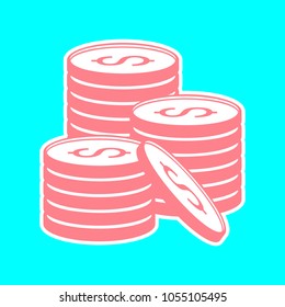 Dollar Coins icon. Vector. Magenta icon with white sticker contour at sky blue background. Isolated.