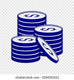 Dollar Coins icon. Vector. Navy blue flat icon on transparent background.