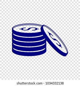 Dollar Coins icon. Vector. Navy blue flat icon on transparent background.