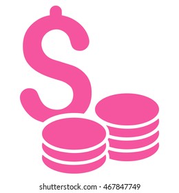 Dollar Coins icon. Vector style is flat iconic symbol with rounded angles, pink color, white background.