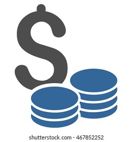 Dollar Coins icon. Vector style is bicolor flat iconic symbol with rounded angles, cobalt and gray colors, white background.