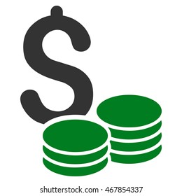 Dollar Coins icon. Vector style is bicolor flat iconic symbol with rounded angles, green and gray colors, white background.