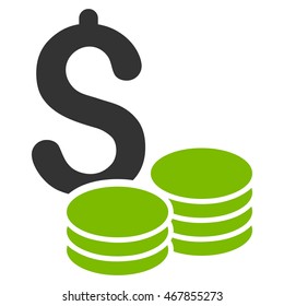 Dollar Coins icon. Vector style is bicolor flat iconic symbol with rounded angles, eco green and gray colors, white background.
