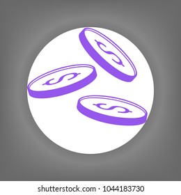 Dollar Coins icon. Vector. Violet icon on white circle with shadow at gray background.