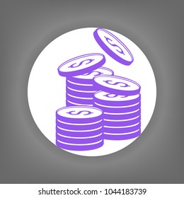 Dollar Coins icon. Vector. Violet icon on white circle with shadow at gray background.