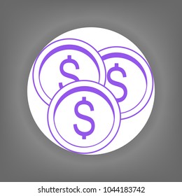 Dollar Coins icon. Vector. Violet icon on white circle with shadow at gray background.