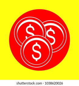 Dollar Coins icon. Vector. White flat icon inside red circle at yellow background. Isolated.
