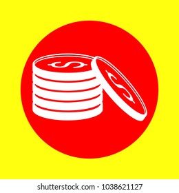 Dollar Coins icon. Vector. White flat icon inside red circle at yellow background. Isolated.