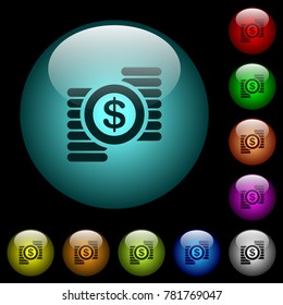 Dollar coins icons in color illuminated spherical glass buttons on black background. Can be used to black or dark templates