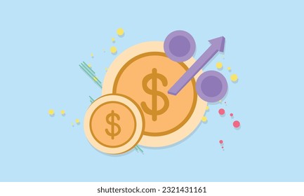 Dollar coins and increasing arrow. Interest rate hike. Business and finance. Financial success and growth concept.vector on blue background