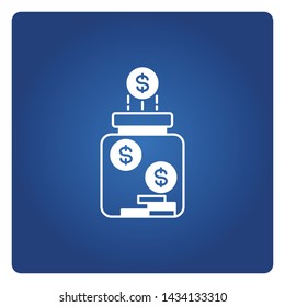 dollar coins and jar for saving blue background