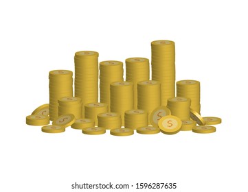 Dollar coins lay on the floor. Many gold dollar coins are on the floor.