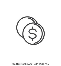 Icono de la línea de monedas en dólares. signo de estilo lineal para concepto móvil y diseño web. Icono de vector de esquema de moneda. Símbolo, ilustración del logotipo. Gráficos vectoriales