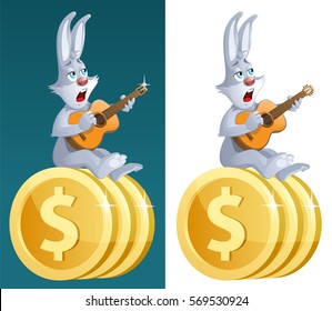 Dollar coins. Lucky rabbit with guitar sings about successful business. On dark  and white background. Cartoon styled vector illustration. Elements is grouped and divided into layers 