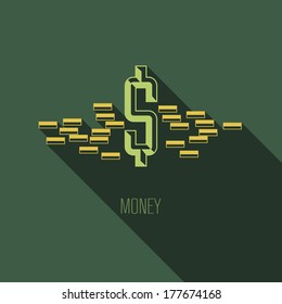 Dólar y monedas - moderno diseño plano con sombra larga