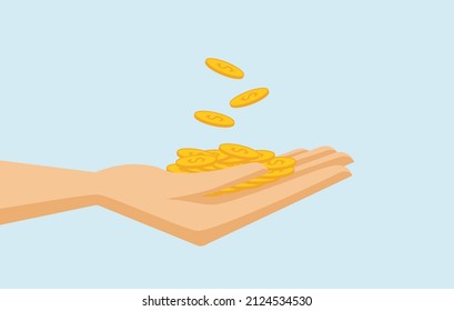 Dollar Coins Money Falling Down in a Human Hand: Isolated Vector Illustration on Blue Background