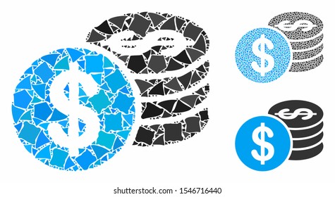 Dollar coins mosaic of irregular elements in different sizes and color tints, based on dollar coins icon. Vector irregular elements are organized into mosaic.