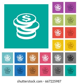 Dollar coins multi colored flat icons on plain square backgrounds. Included white and darker icon variations for hover or active effects.