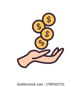dollar coins over hand line and fill style icon of money financial banking commerce and market theme Vector illustration