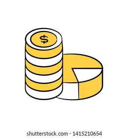 dollar coins and pie chart icon yellow doodle theme