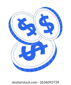 Dollar coins pile 2D line object. Cash profit. Financial income, investment money, savings. Economy currency. Banking finance isolated clipart vector blue outline item. Monochrome spot illustration