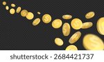 Dollar coins pile falling. 3d money cash fly. American currency, investment, payment sign, wealth symbol, banking. Realistic usd golden coin. Business and finance vector illustration