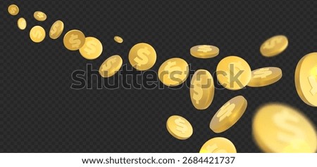 Dollar coins pile falling. 3d money cash fly. American currency, investment, payment sign, wealth symbol, banking. Realistic usd golden coin. Business and finance vector illustration