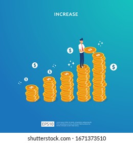 dollar coins pile illustration concept for money growth, success, business profit grow or income salary rate increase with people character. Finance performance of return on investment ROI