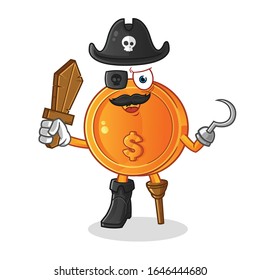 dollar coins pirate with wooden swords and hooks. cartoon mascot vector