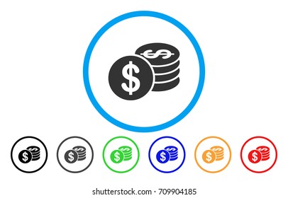Dollar Coins rounded icon. Vector illustration style is a grey flat iconic dollar coins symbol inside a circle. Additional color versions are black, grey, green, blue, red, orange.