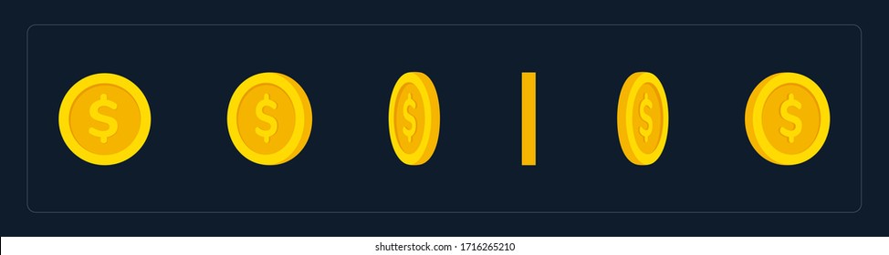 Dollar coins set turn around, animation for video games, cartoon or animation, motion design and apps. flat vector illustration.