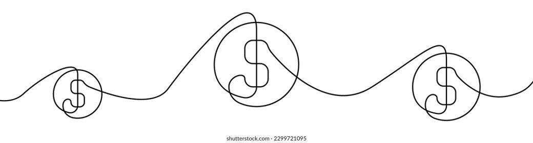 Dollar, coins sign line continuous drawing vector. One line Dollar, currency vector background. Dollar, currency icon. Continuous outline of a Dollar, currency. Linear Dollars, currencies design.
