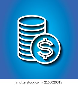 Dollar coins simple icon vector. Flat design. White icon with shadow on blue background.ai