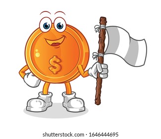 dollar coins smiling and holding white surender flag cartoon. cartoon mascot vector