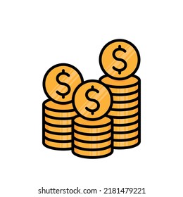 dollar coins stack black outline vector illustration, icon flat finance heap, golden money standing on stacked