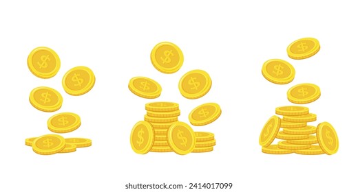 Dollar coins. Stack of flying gold coins. Golden coin pile, money stacks and golds piles isolated vector set