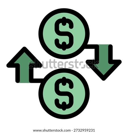 Dollar coins transferring money, one increasing and one decreasing, representing financial transactions and currency exchange